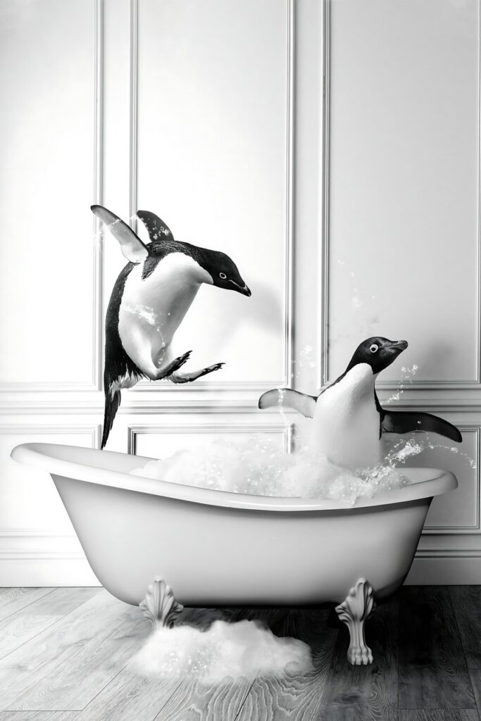 Huis accessoires - Frame Glass 40x60cm Pinguins in Bath