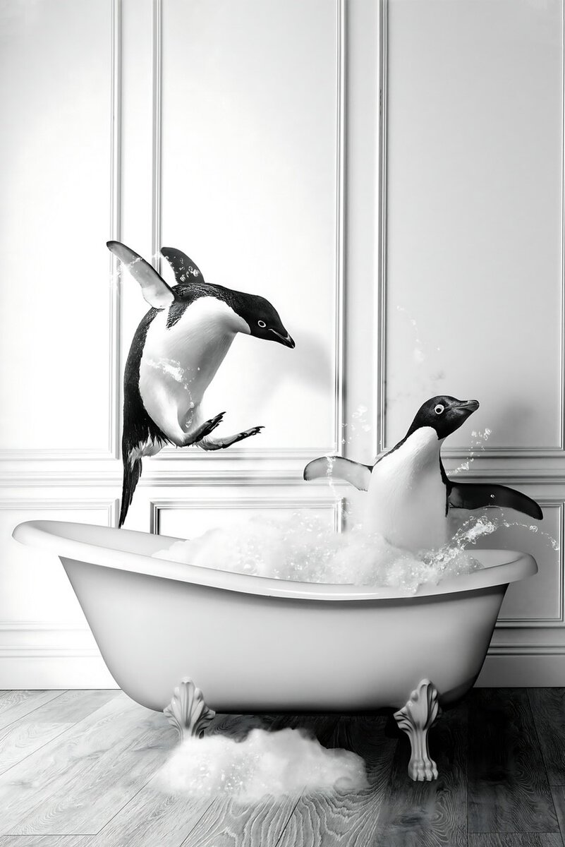 Frame Glass 40x60cm Pinguins in Bath